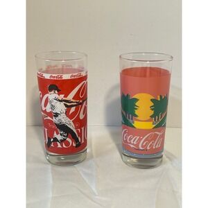 Coca Cola Glasses‎ Set Baseball Sunset Palm Trees Vintage Collectible
